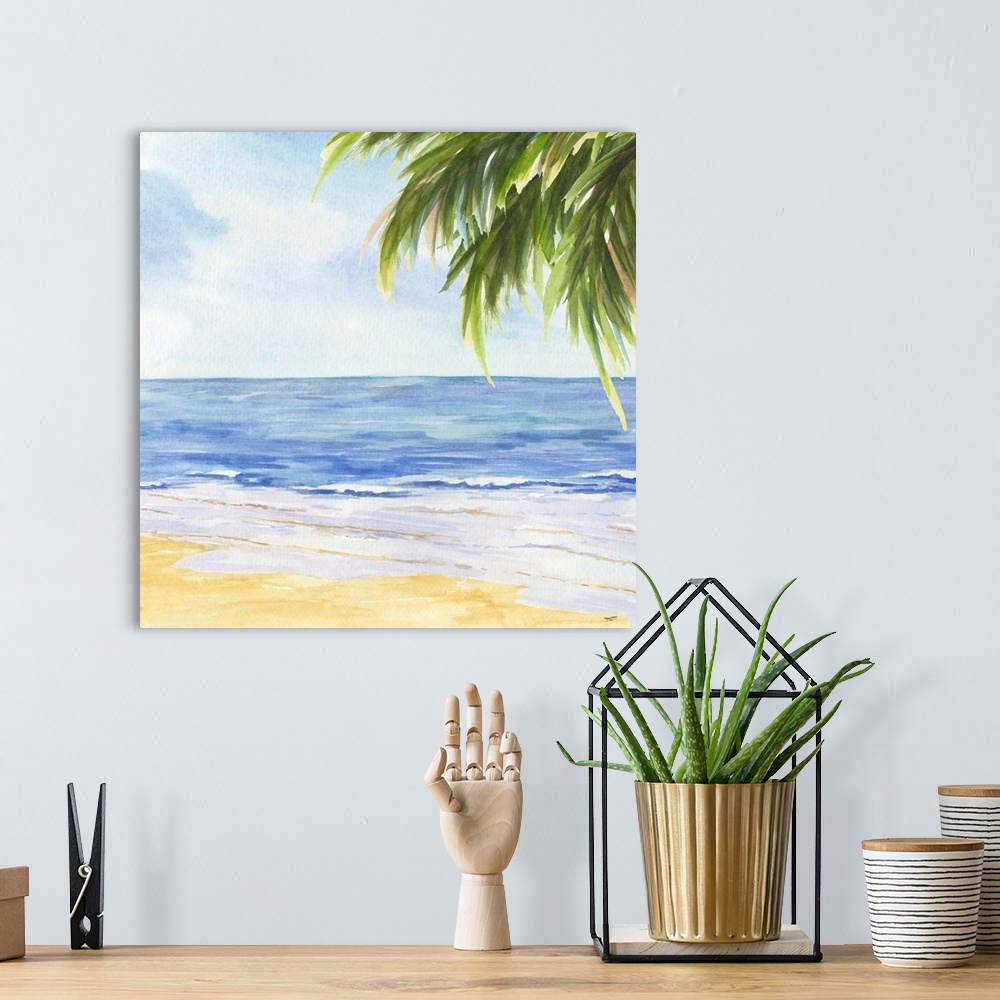 A bohemian room featuring A contemporary painting of calm waves on a beach framed by a palm tree.