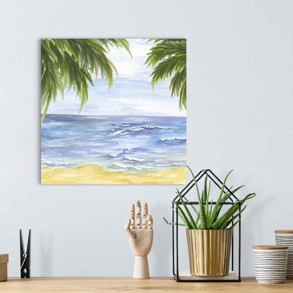 A bohemian room featuring A contemporary painting of calm waves on a beach framed by palm trees.