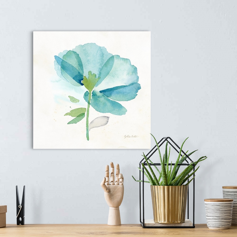 A bohemian room featuring Square decorative watercolor image of a large blue poppy on a white background.