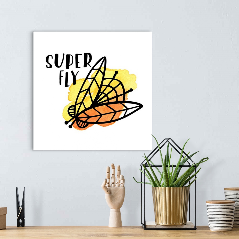 A bohemian room featuring "Super Fly" and a fly with yellow watercolor on a white background.