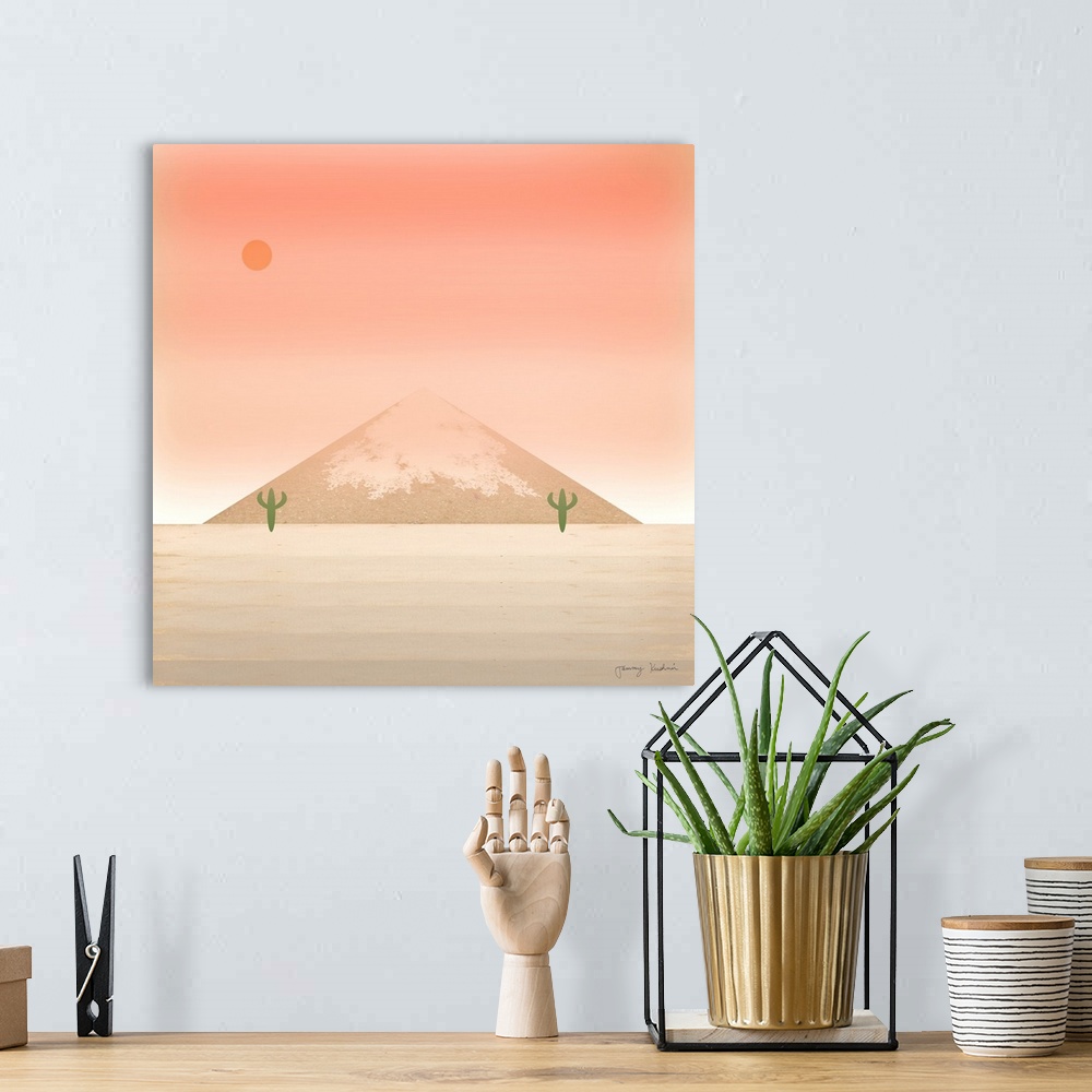 A bohemian room featuring Square decorative design of two green cactus next to a mountain with a sky in shades of pink.