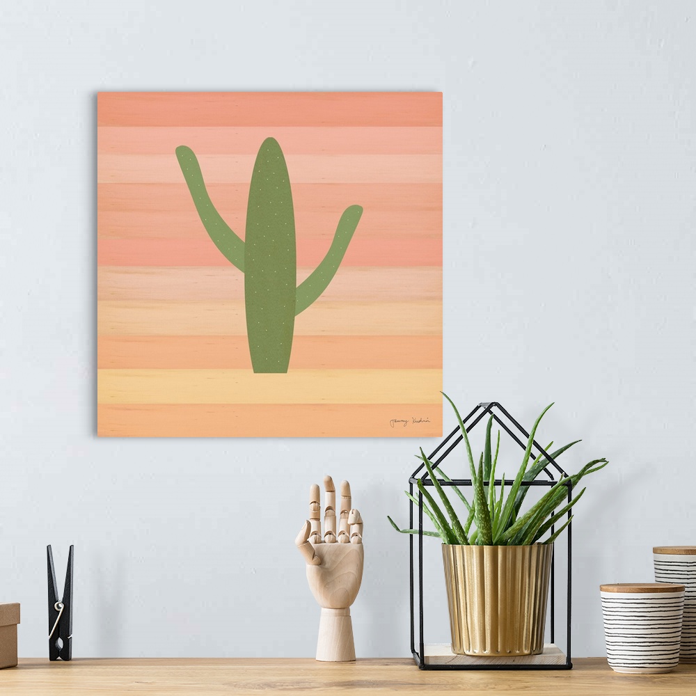 A bohemian room featuring Square decorative design of a green cactus on a striped background of shades of pink.