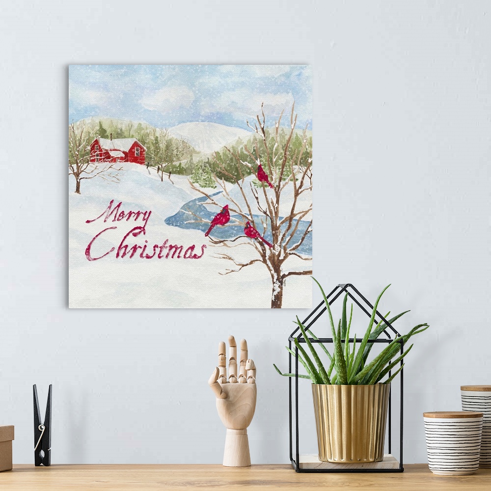 A bohemian room featuring A contemporary watercolor painting of a winter scene featuring cardinals perched on a tree near a...