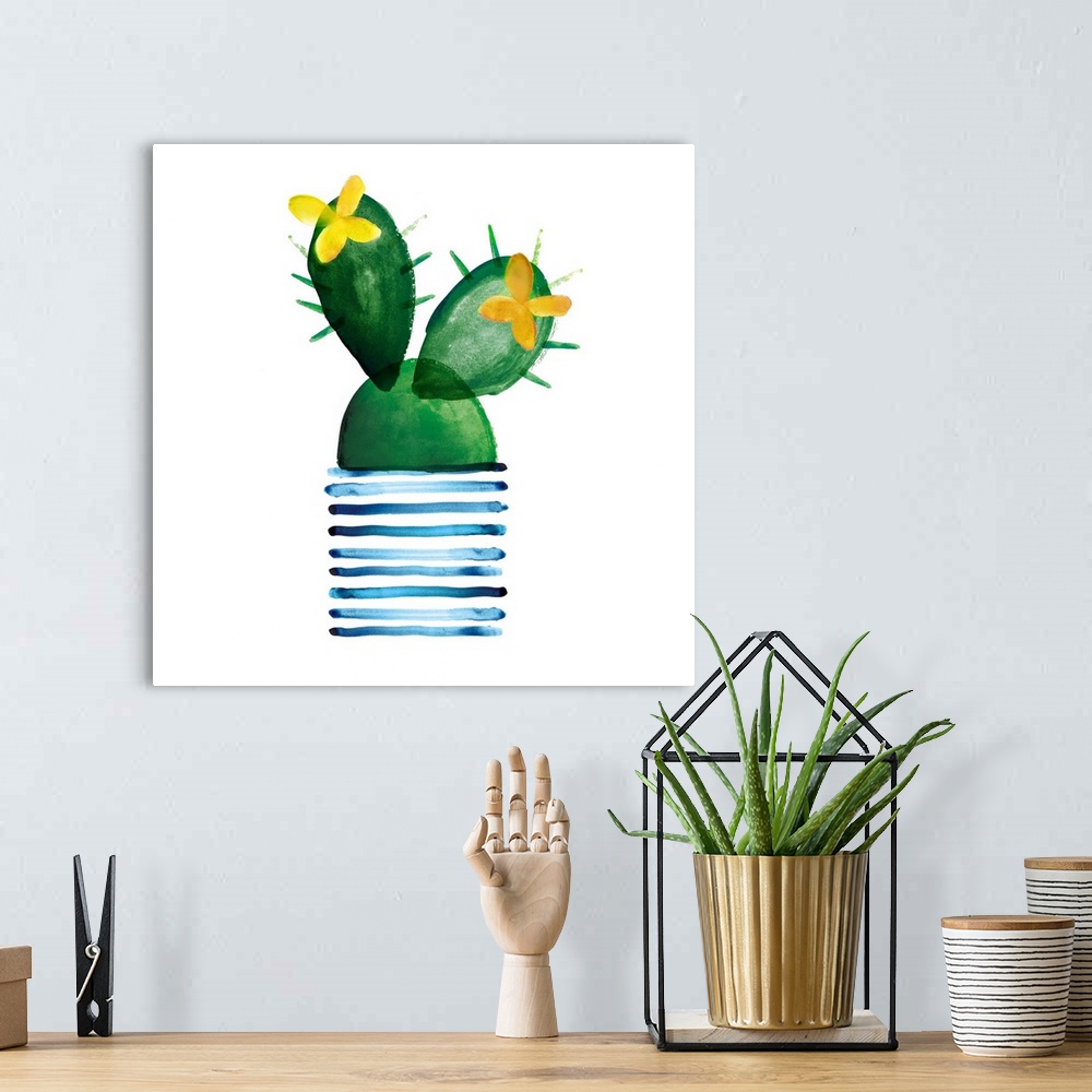 A bohemian room featuring Colorful painting in a simplest style of a blooming cactus in a blue striped pot on a white backg...