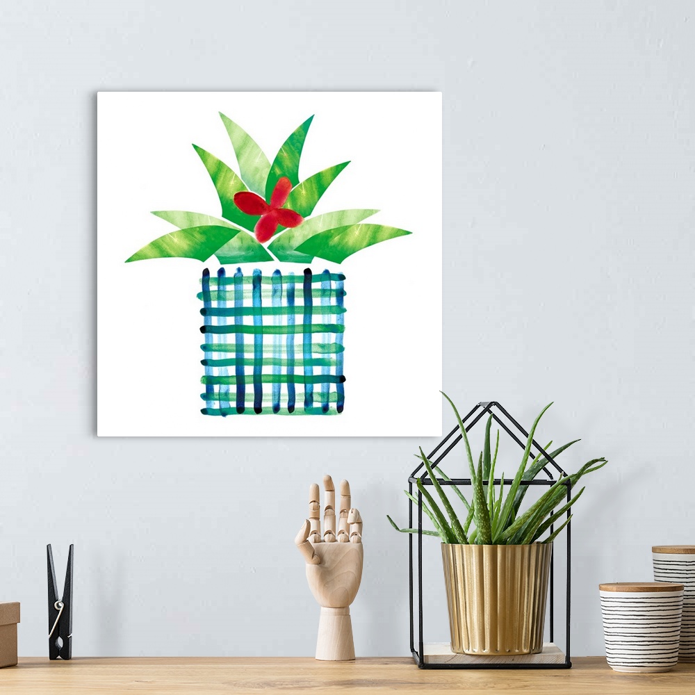 A bohemian room featuring Colorful painting in a simplest style of a blooming cactus in a blue and green plaid pot on a whi...