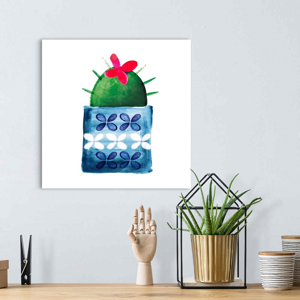 A bohemian room featuring Colorful painting in a simplest style of a blooming cactus in a blue floral pot on a white backgr...