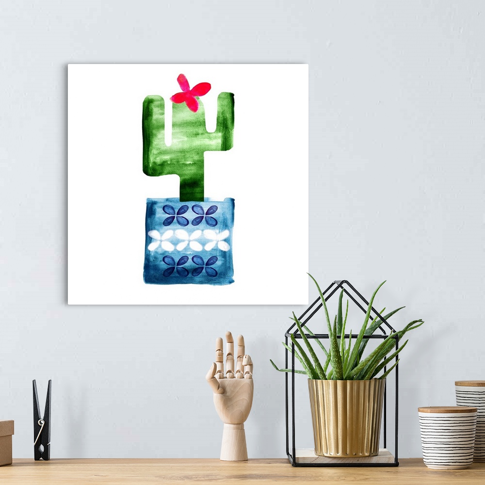 A bohemian room featuring Colorful painting in a simplest style of a blooming cactus in a blue floral pot on a white backgr...