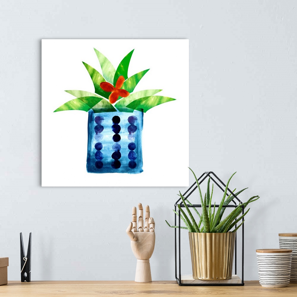 A bohemian room featuring Colorful painting in a simplest style of a blooming cactus in a blue spotted pot on a white backg...