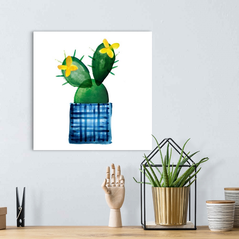A bohemian room featuring Colorful painting in a simplest style of a blooming cactus in a blue striped pot on a white backg...