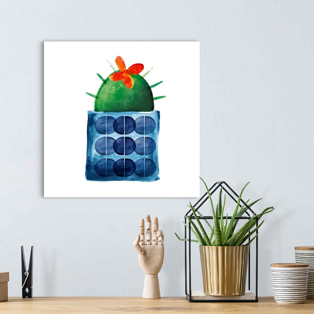 A bohemian room featuring Colorful painting in a simplest style of a blooming cactus in a blue spotted pot on a white backg...
