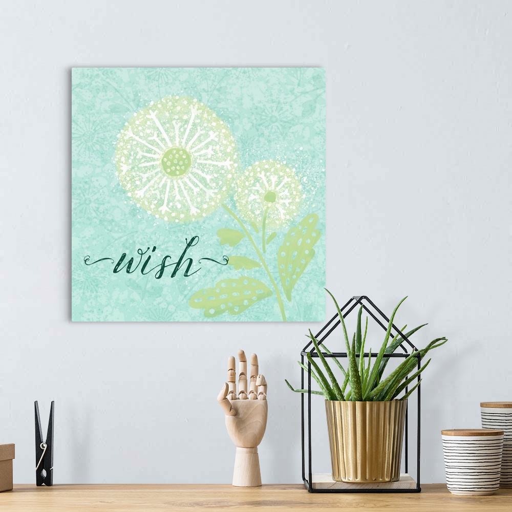 A bohemian room featuring "Wish" with a white dandelion on a teal background with a floral design.