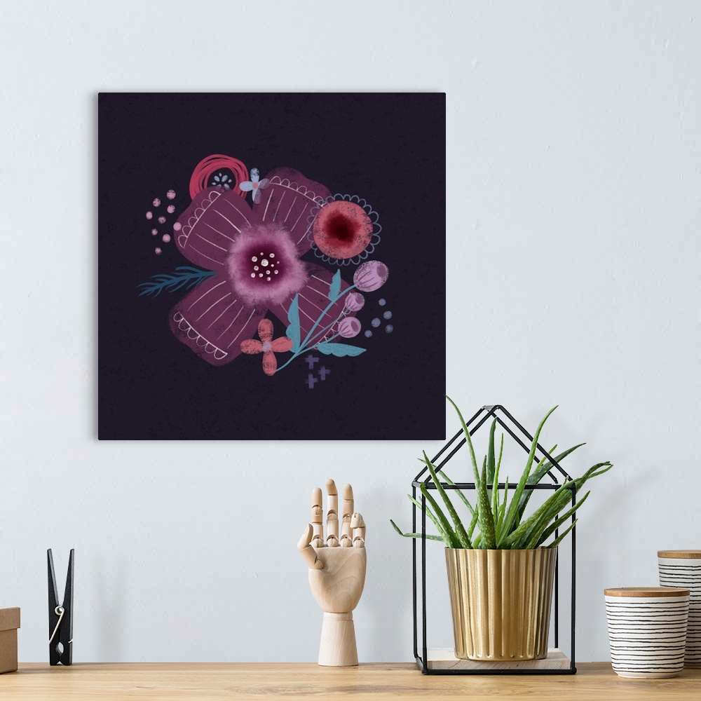 A bohemian room featuring Modern artwork of purple and pink flowers on a navy backdrop.
