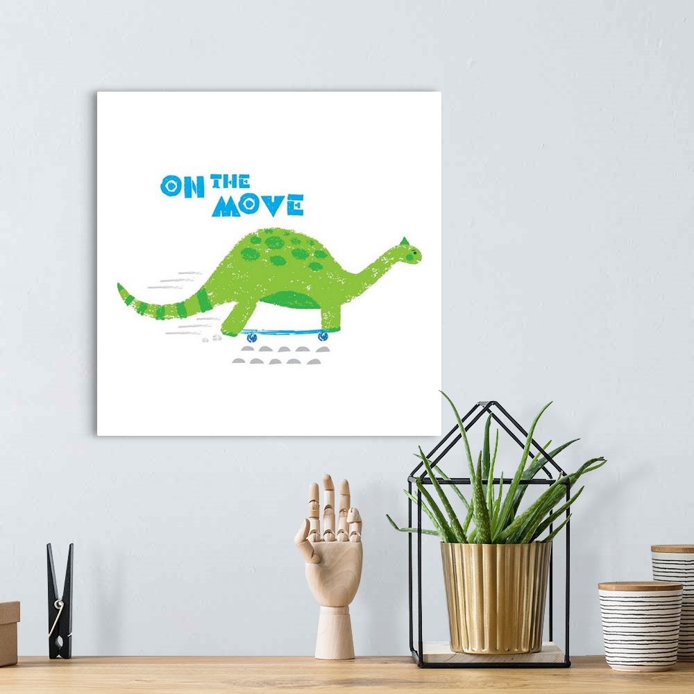 A bohemian room featuring A darling illustration of a green dinosaur with a skateboard and "On The Move" on a white backgro...