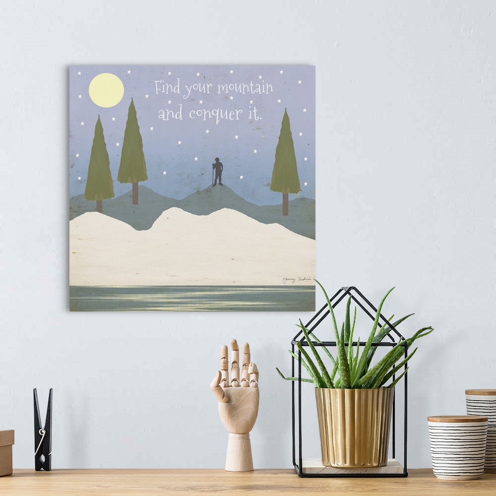A bohemian room featuring "Find your mountain and conquer it" with a hiker during night at a lake and wooded hills scene.