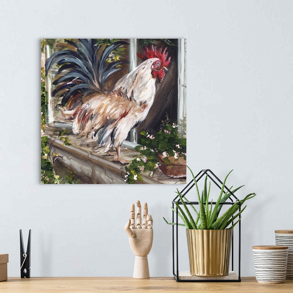 A bohemian room featuring Square contemporary painting in a traditional style of a white and brown rooster perched on a win...