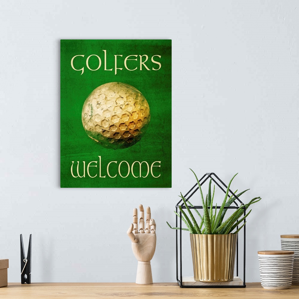 A bohemian room featuring "Golfers Welcome" with a gold ball on green and a distressed appearance.