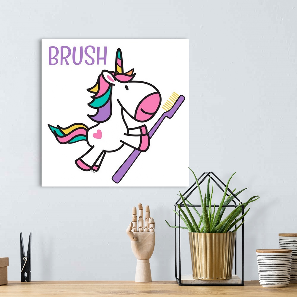 A bohemian room featuring Adorable decorative illustration of a white unicorn with rainbow hair holding a tooth brush.