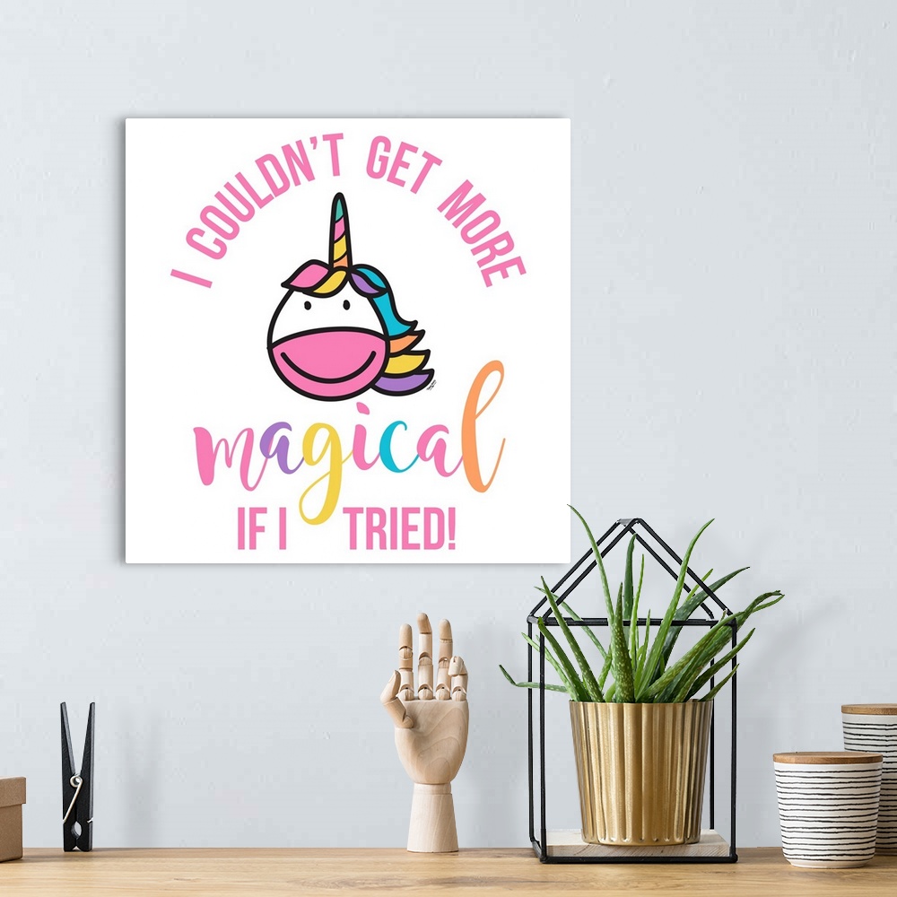 A bohemian room featuring Adorable decorative illustration of a white unicorn with rainbow hair and "I couldn't get more ma...