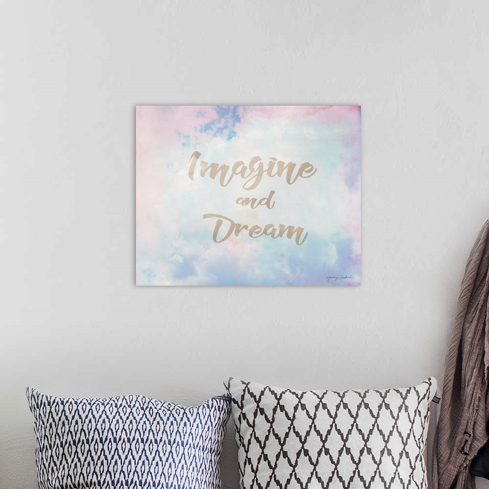 A bohemian room featuring "Imagine and Dream" in gray on a blended pastel background.