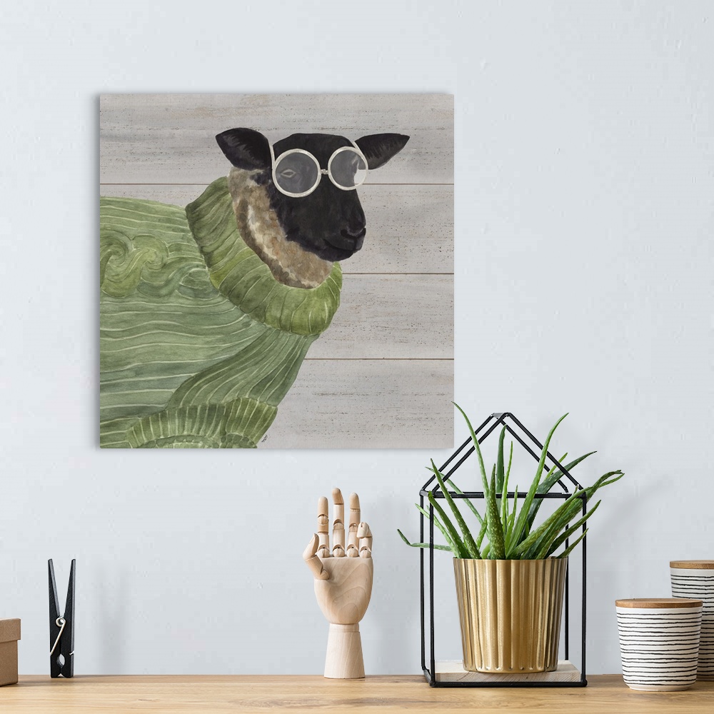 A bohemian room featuring A sheep wearing a green sweater and glasses against of grey wood background.