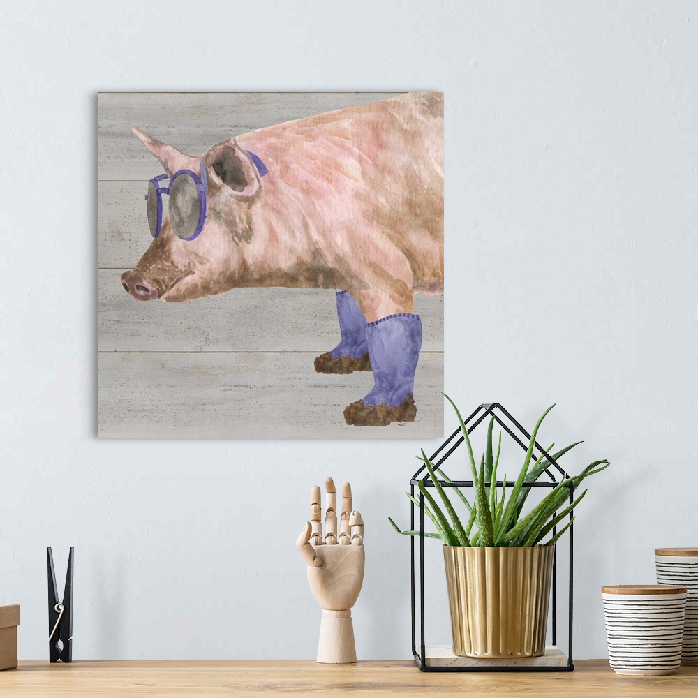 A bohemian room featuring A pig wearing glasses and purple boots against of grey wood background.