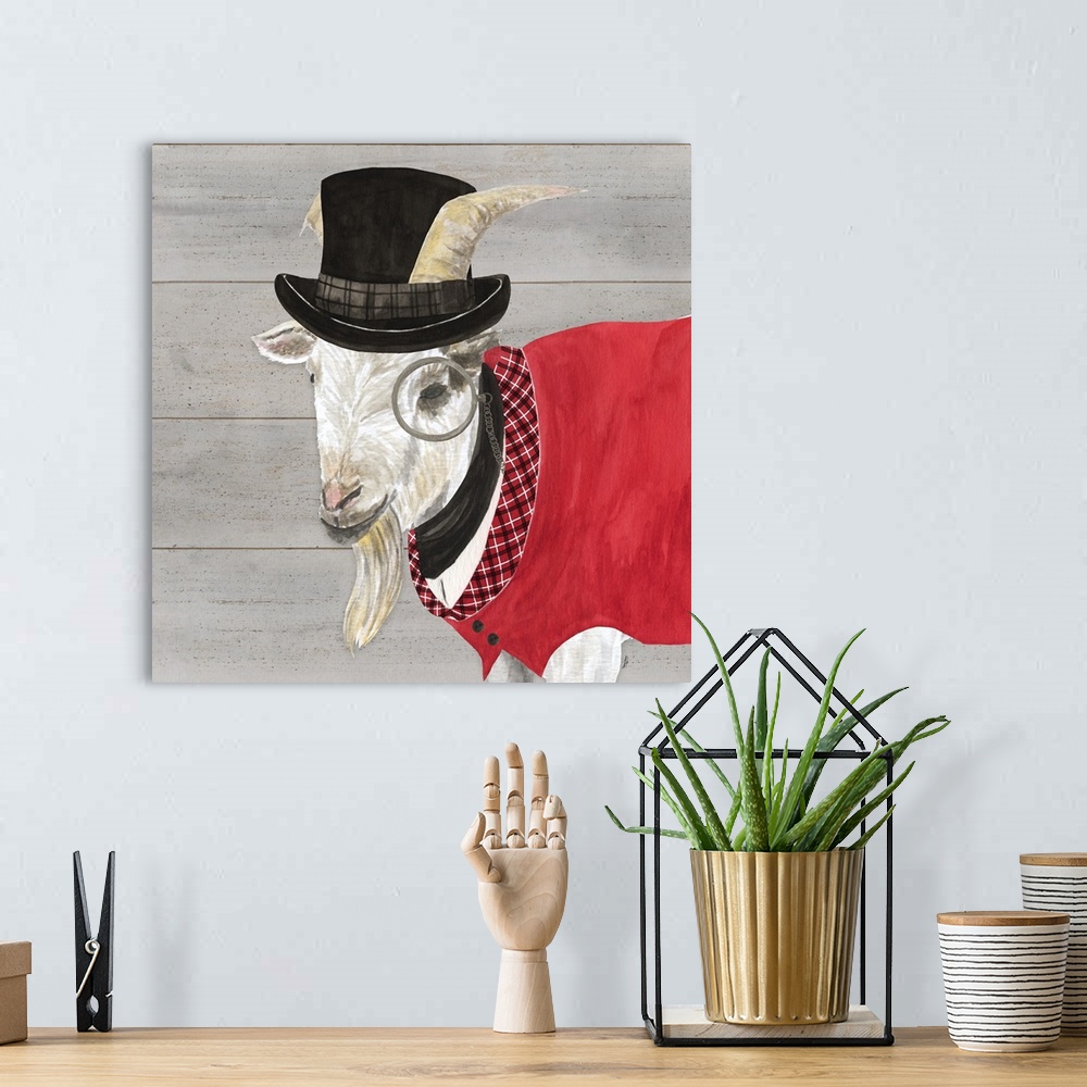 A bohemian room featuring A white goat wearing a red vest, top hat and monacle against of grey wood background.
