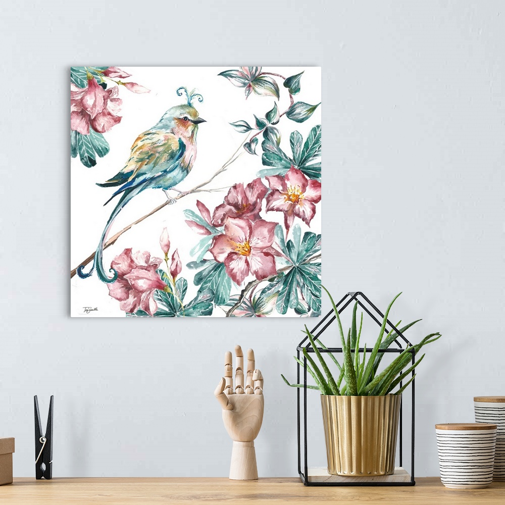 A bohemian room featuring A square painting of a bird perched on a branch with bright pink flowers on a white background.