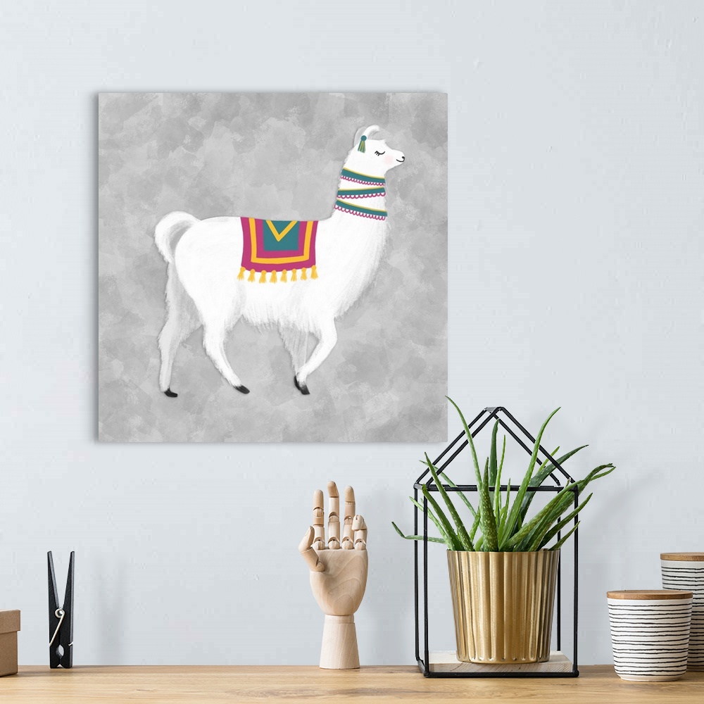 A bohemian room featuring A decorative image of a white llama walking on a gray backdrop.