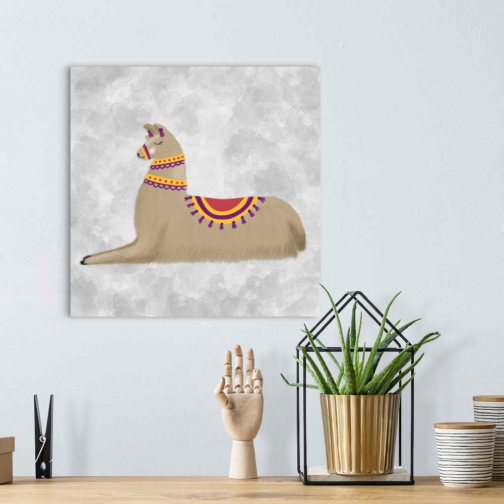 A bohemian room featuring A decorative image of a brown llama sitting on a gray backdrop.