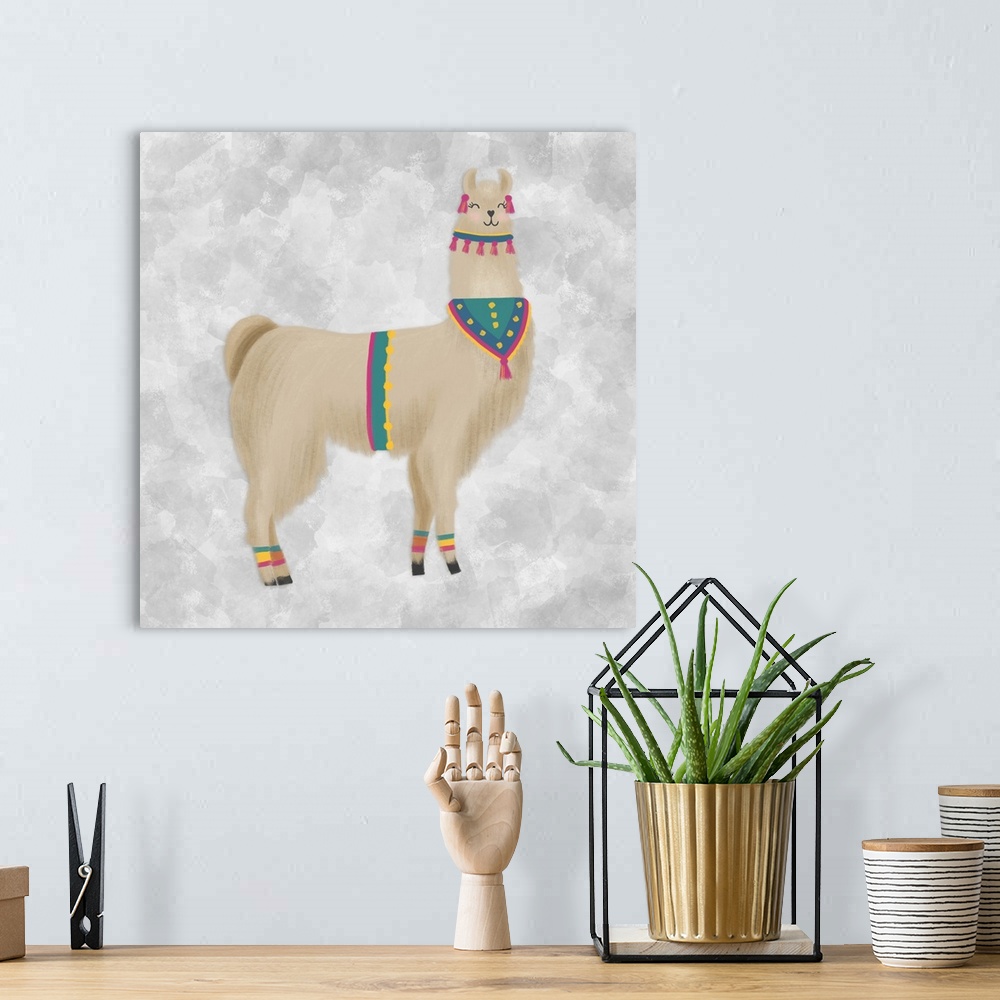 A bohemian room featuring A decorative image of a brown llama standing on a gray backdrop.