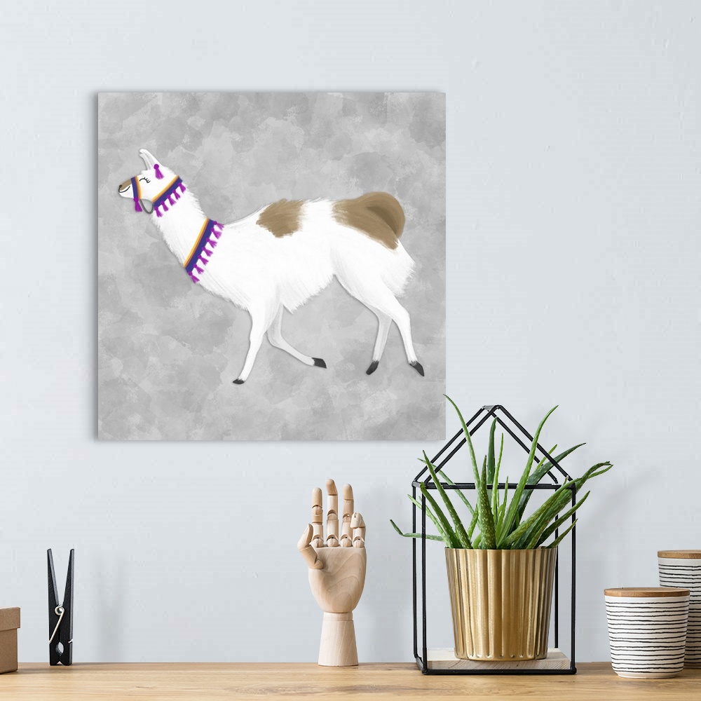 A bohemian room featuring A decorative image of a white and brown llama walking on a gray backdrop.