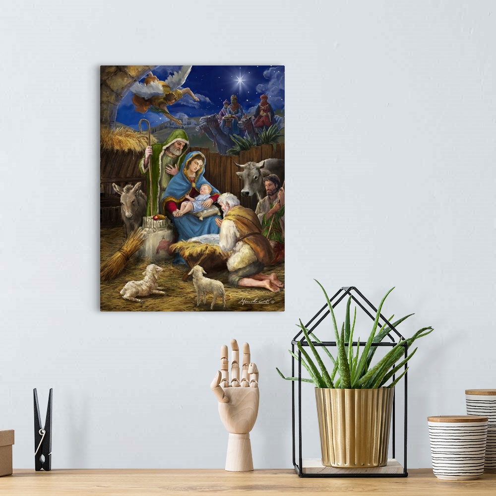 A bohemian room featuring Contemporary artwork of the manger scene of Mary and Joseph with baby Jesus as the shepards visit.
