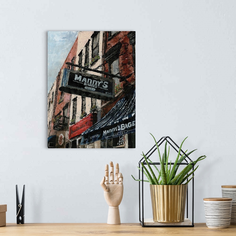 A bohemian room featuring A contemporary painting of a New York neighborhood street scene of row building and businesses.