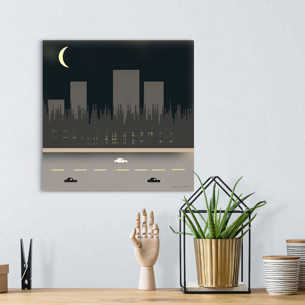 A bohemian room featuring A square illustration of a night time city scene of cars on a road with a city landscape in the b...