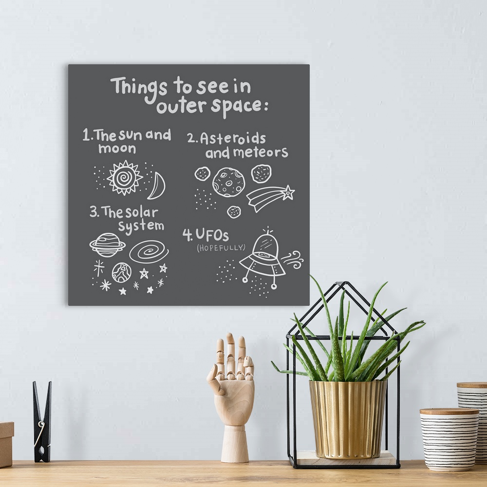 A bohemian room featuring Illustration of things to see in outer space on a dark gray background.
