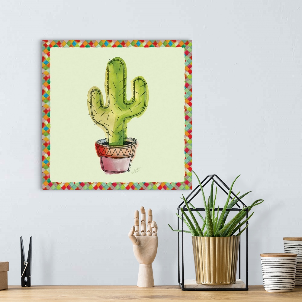 A bohemian room featuring A decorative watercolor painting of succulents in colorful clay pot with a multi-colored square b...