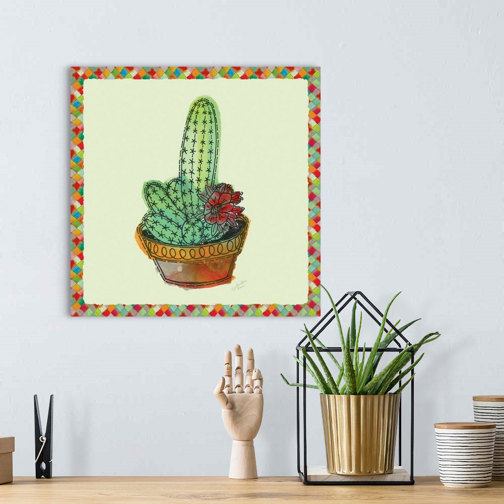 A bohemian room featuring A decorative watercolor painting of succulents in colorful clay pot with a multi-colored square b...