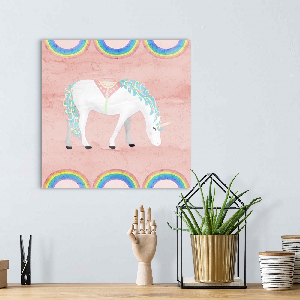 A bohemian room featuring A decorative whimsical design of a white and blue unicorn with a watercolor orange background bor...