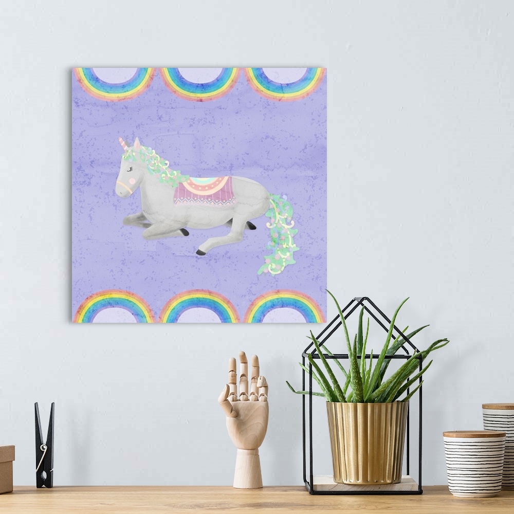 A bohemian room featuring A decorative whimsical design of a gray and green unicorn with a watercolor purple background bor...