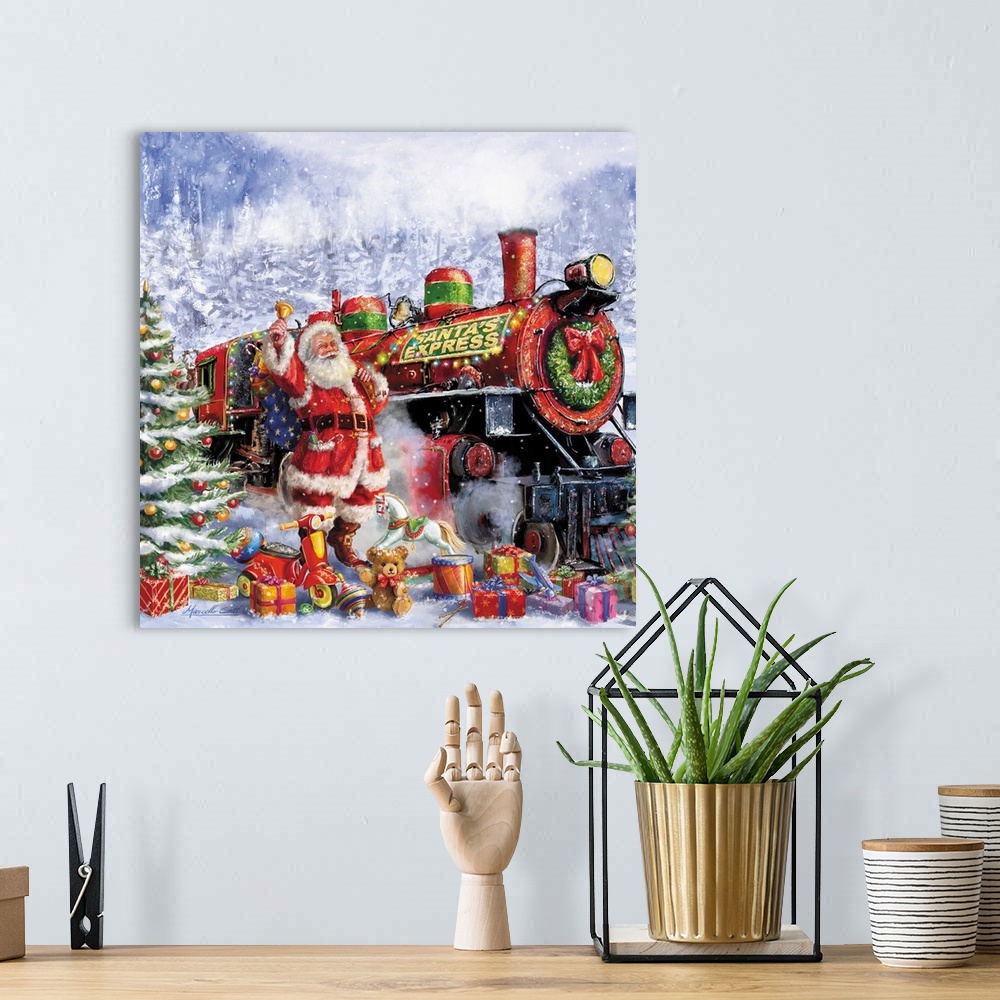 A bohemian room featuring Contemporary painting of Santa with the Santa Express train and many toys on a snowy night.