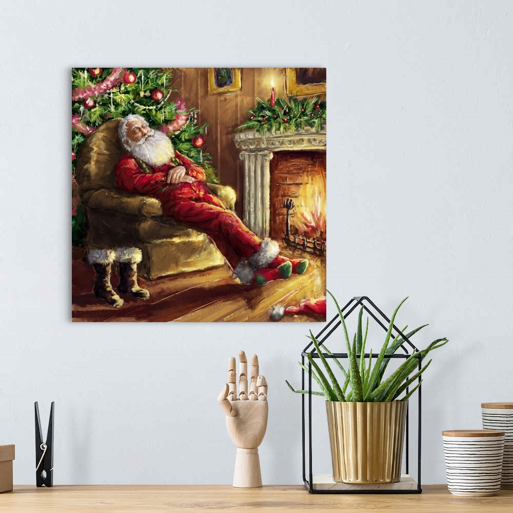 A bohemian room featuring A traditional painting of Santa resting in an armchair in front of a fireplace.