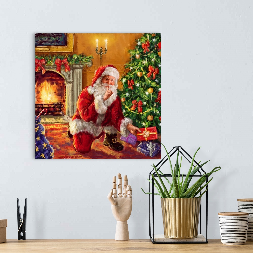 A bohemian room featuring A contemporary painting of Santa putting presents on a Christmas tree while signalling to be quiet.