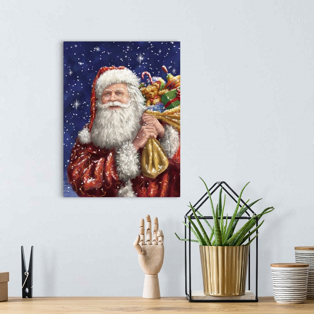 A bohemian room featuring A traditional painting of Santa carrying a sack full of toys while the snow if falling on a starr...