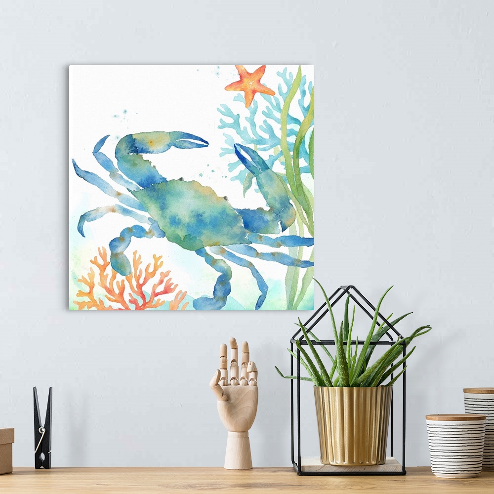 A bohemian room featuring An artistic watercolor painting of a crab and coral underwater in cool tones of blue and green.