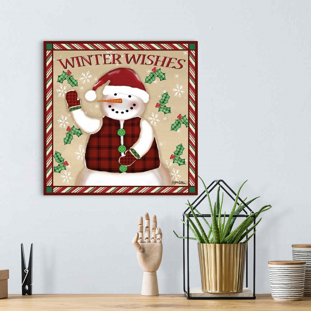A bohemian room featuring "Winter Wishes" with a snowman along with snowflakes and holly on a beige backdrop, bordered with...