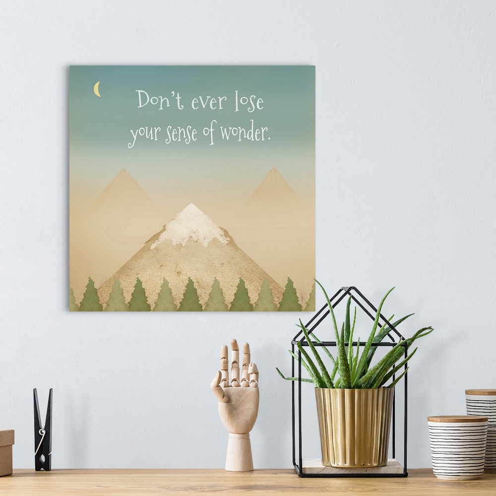 A bohemian room featuring "Don't Ever Lose Your Sense Of Wonder" with fading mountains  framed by trees and a sky of blue.