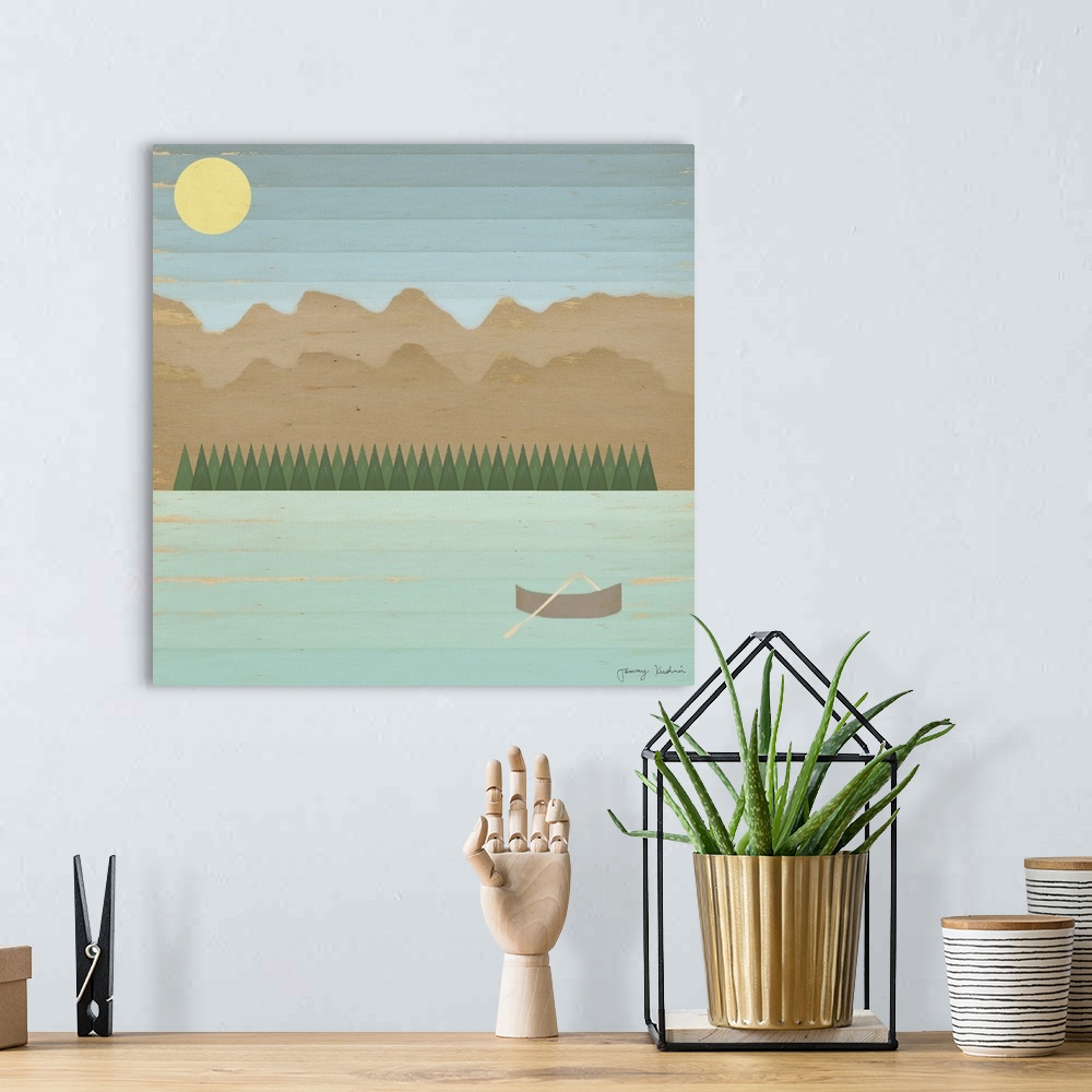 A bohemian room featuring A decorative design with horizontal lines of a canoe on a lake in the mountains with a fading sky...