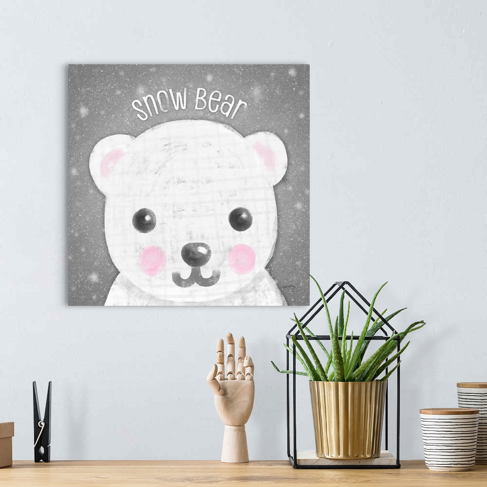 A bohemian room featuring Adorable decorative image of a polar bear with a snowy gray background and a light gray grid over...