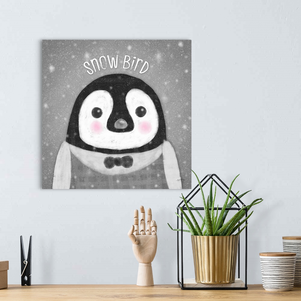 A bohemian room featuring Adorable decorative image of a penguin with a snowy gray background and a light gray grid overlay.