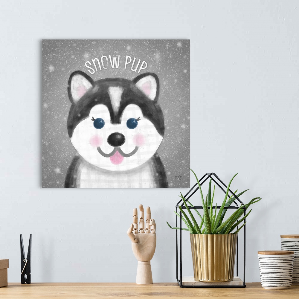 A bohemian room featuring Adorable decorative image of a wolf with a snowy gray background and a light gray grid overlay.